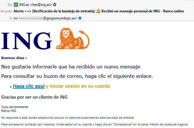 Phishing por correo electr&oacute;nico suplantando la identidad del banco ING Direct.