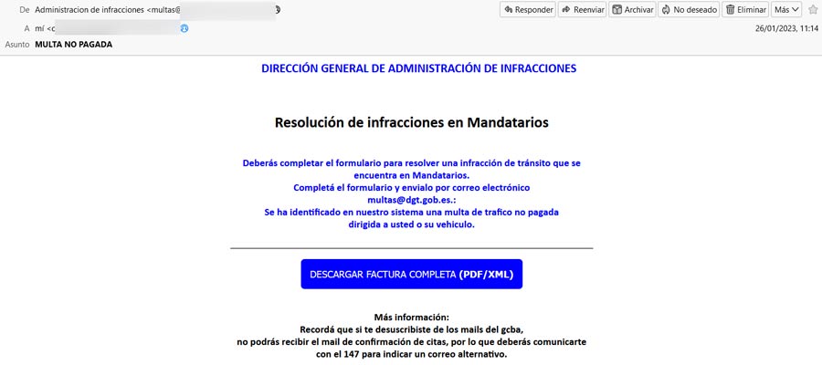 PHISHING: &ldquo;MULTA NO PAGADA&rdquo; Mail fraudulento suplantando a la DGT para el pago de una multa