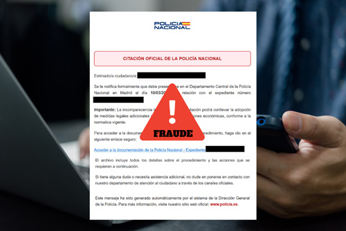 CUIDADO CON EL FALSO CORREO DE LA POLICÍA NACIONAL: ES UN INTENTO DE PHISHING Un falso correo de la Policía Nacional intenta engañar a los ciudadanos con una citación fraudulenta y un enlace de phishing para robar datos personales.