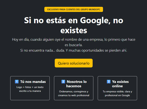 Una soluci&oacute;n para aparecer en Google con web, dominio propio y correo profesional, pensada para los clientes del Grupo MundoPC