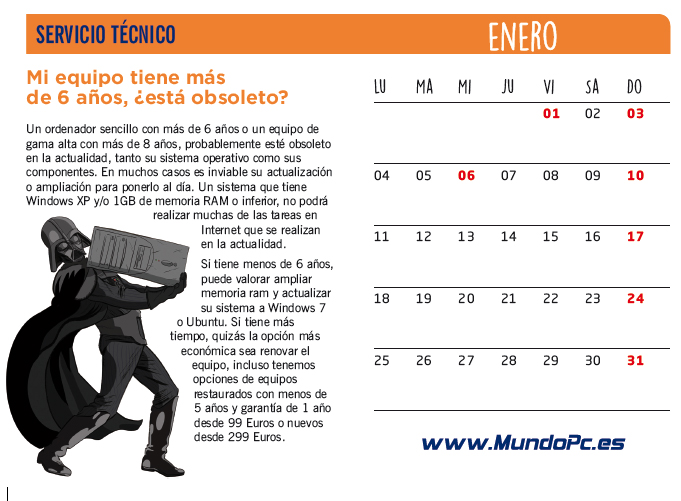 Calendario 2016 Mundo PC Inform&aacute;tica - Mes de enero con Darth Vader - Star Wars