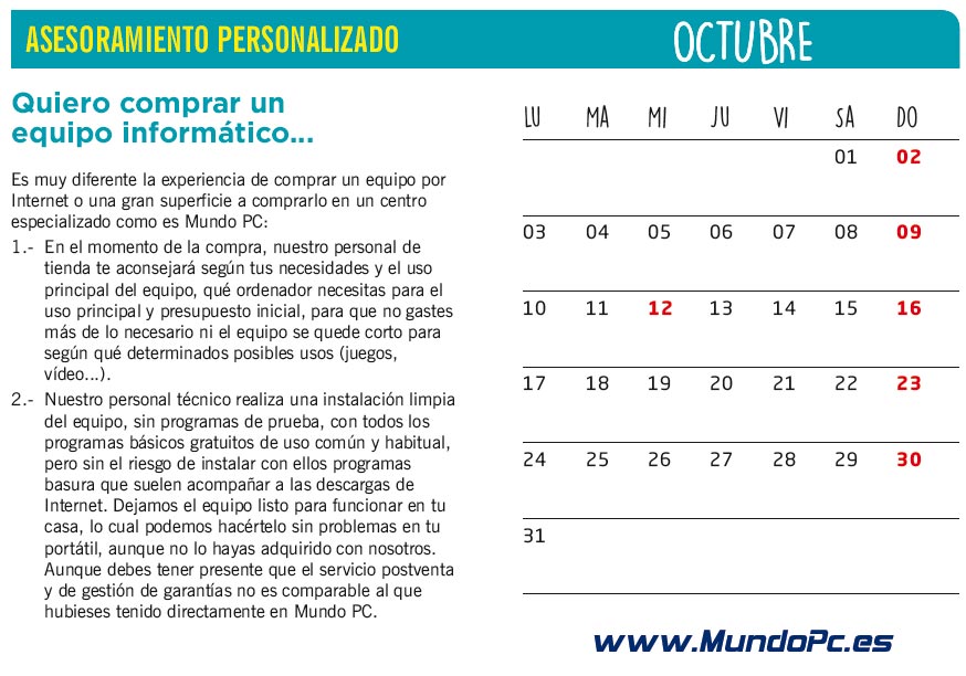 Calendario MundoPC Inform&aacute;tica Asturias - Comprar un equipo inform&aacute;tico en un centro especializado