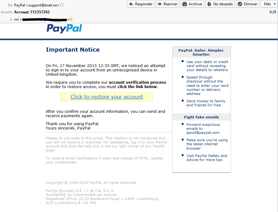 Phishing en nombre de Paypal - fraudes online 