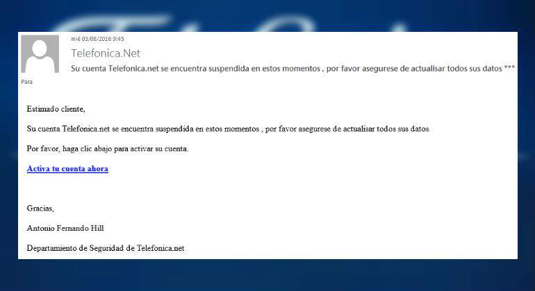Nuevo phishing en nombre de Telef&oacute;nica por correo electr&oacute;nico