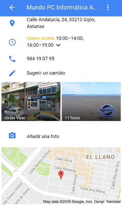 Horario de la tienda MundoPC inform&aacute;tica de Gij&oacute;n en Google