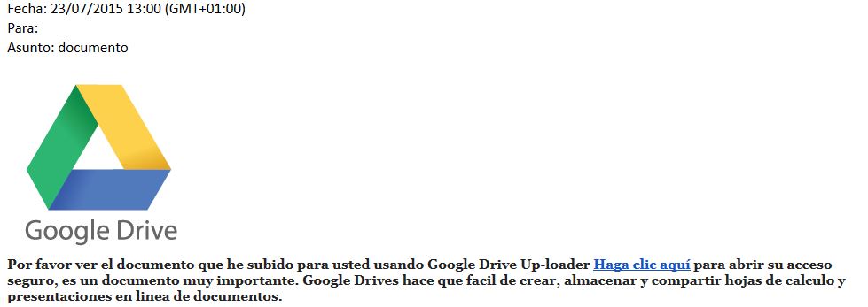Correo electr&oacute;nico fraudulento en nombre de Google Drive