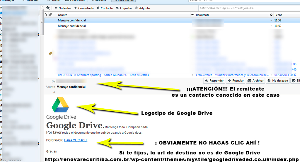 Phishing a nombre de Google Drive - Fraudes inform&aacute;ticos por correo electr&oacute;nico