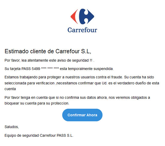 Phishing en nombre de Carrefour Pass