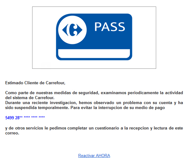 Phishing en nombre de Carrefour Pass