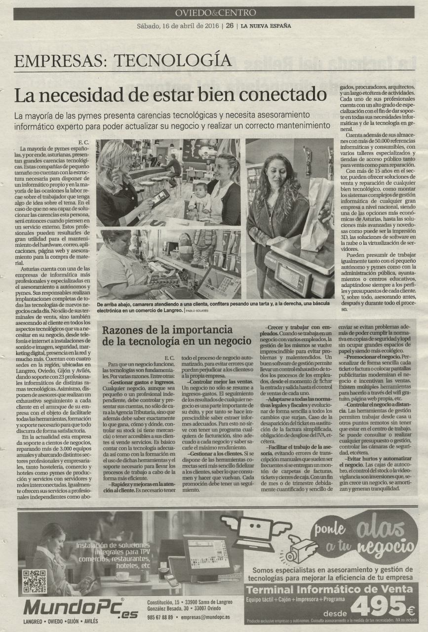 Entrevista-reportaje a Mundo PC Inform&aacute;tica en la edici&oacute;n impresa de La Nueva Espa&ntilde;a