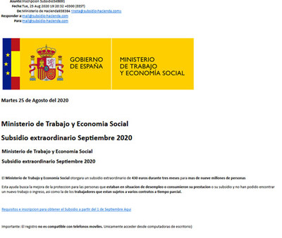 Phishing para conseguir un falso subsidio económico